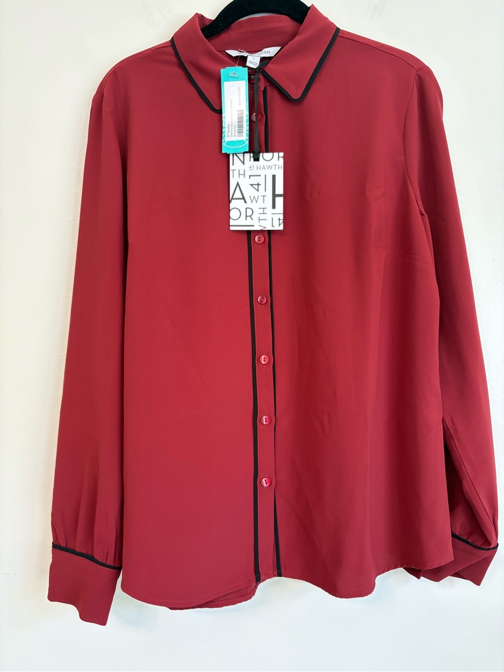 41 Hawthorn Sharone Contrast Piping Burgundy Wine Button Down Blouse Sz L NWT